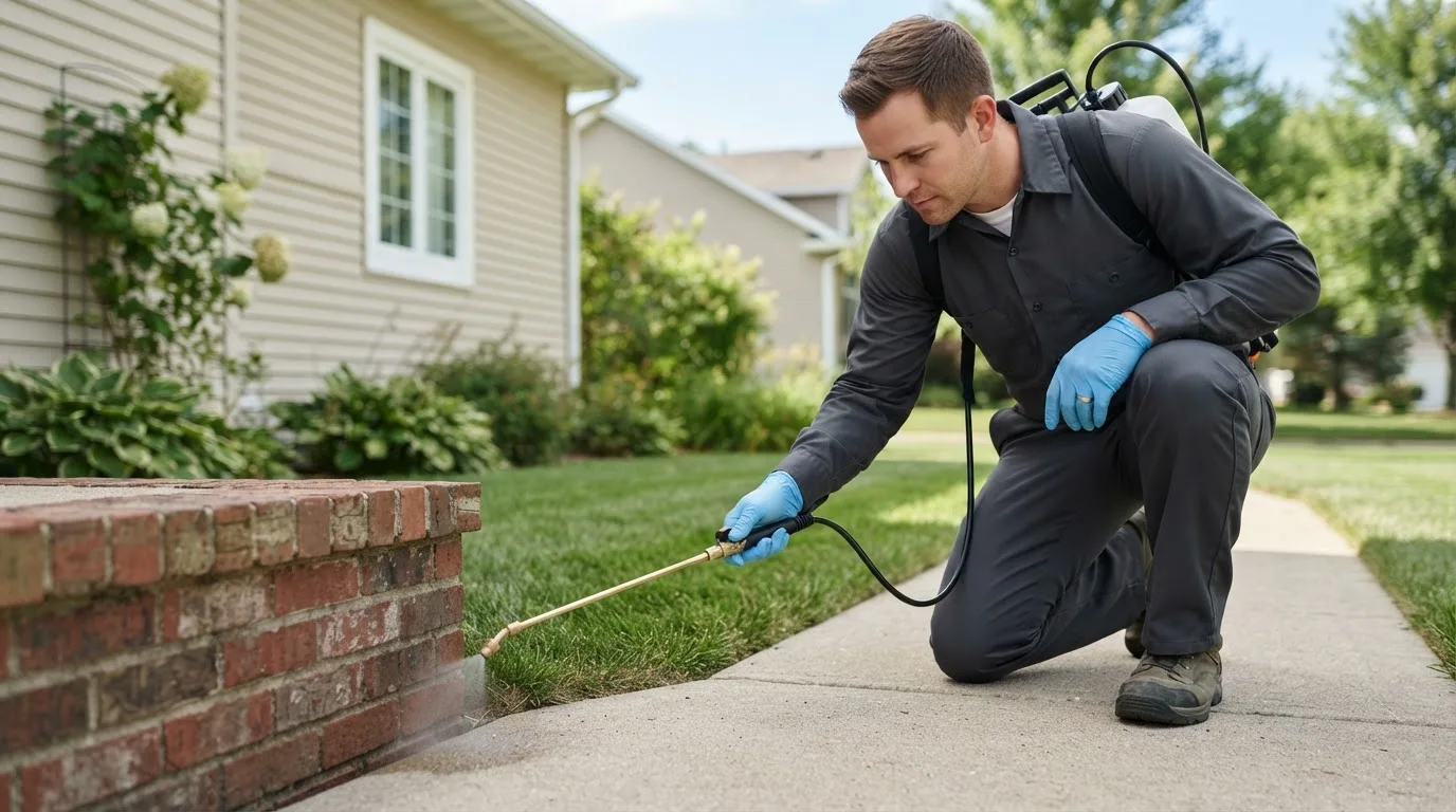 Pest control technician treating a home near Ramsey, IL