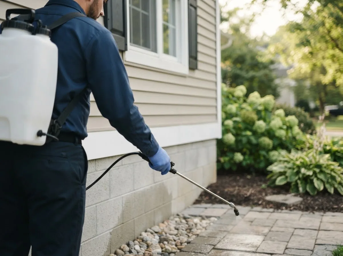 Pest control technician inspecting a home in Ramsey, IL